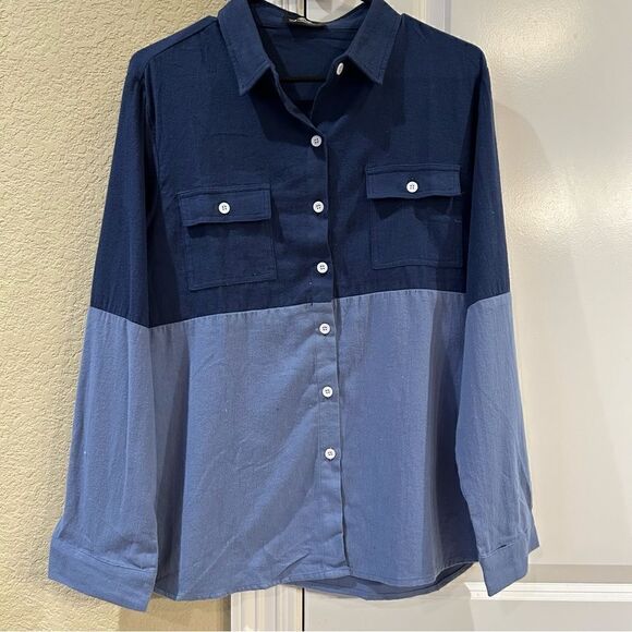 Women’s long sleeve front pocket button up colorblock top in denim - Picture 4 of 7
